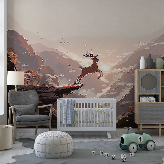 Papier peint chambre enfant | Cerf majestueux surplombant une vallée enchanteresse