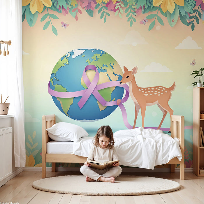 Kinderzimmer Tapete | Niedlicher Hirsch und die Erde umgeben von bunten Blumen