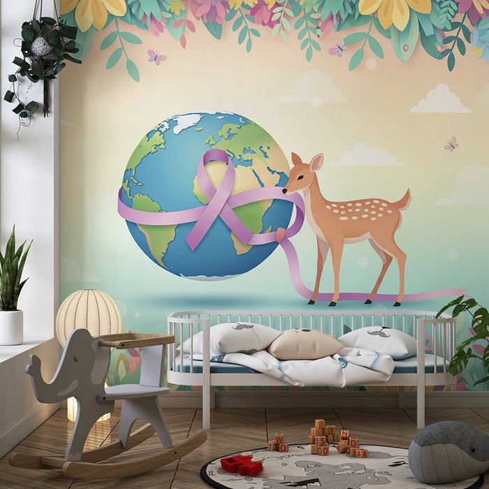 Kinderzimmer Tapete | Niedlicher Hirsch und die Erde umgeben von bunten Blumen