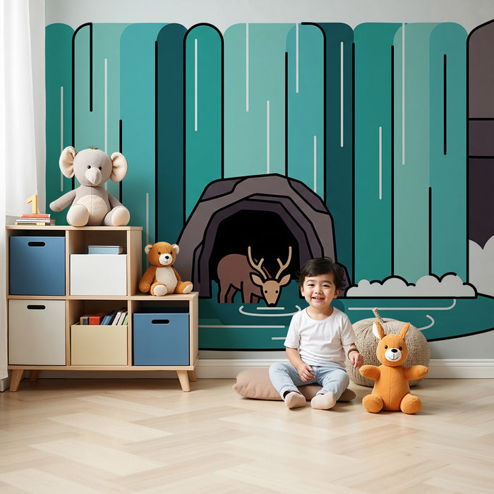 Papel pintado infantil | Ciervo sereno bajo una cascada turquesa