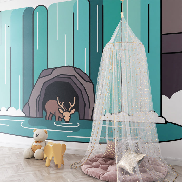 Papel pintado infantil | Ciervo sereno bajo una cascada turquesa