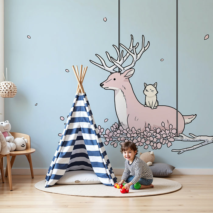 Kinderkamer behang | Roze hert en kitten onder kersenbloesems