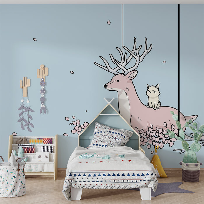 Kinderkamer behang | Roze hert en kitten onder kersenbloesems