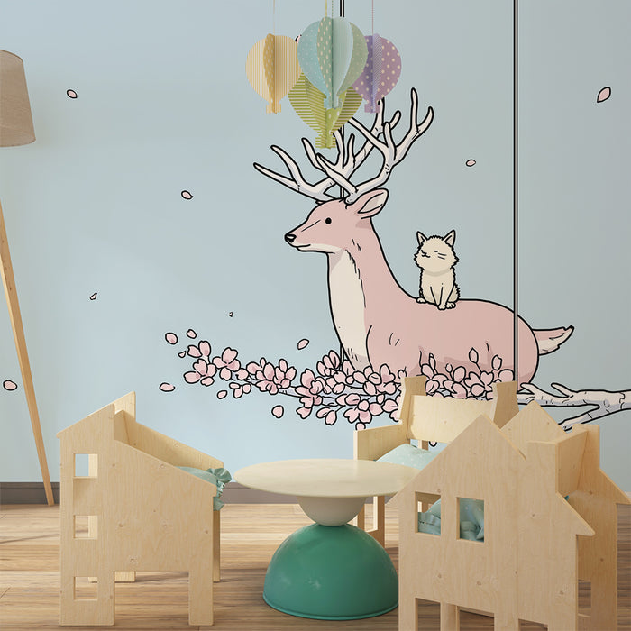 Kinderkamer behang | Roze hert en kitten onder kersenbloesems
