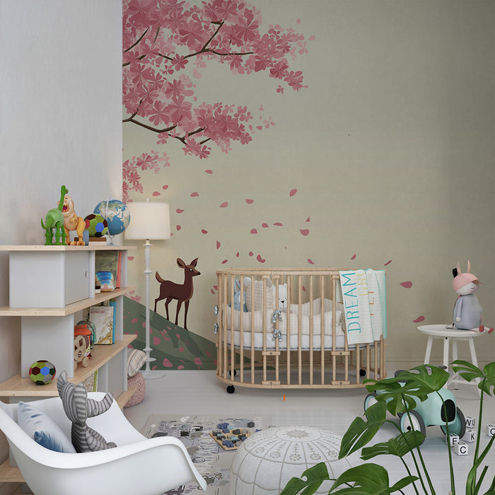 Kinderzimmer Tapete | Hirsch unter blühender Kirschbaum