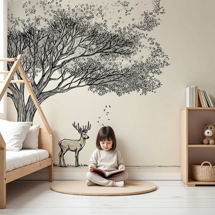 Lastenhuoneen tapetti | Hirvi suuren puun alla