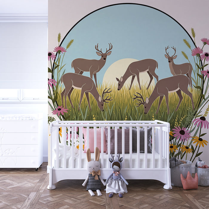Barntapet | Hjortar på en blomstrande äng under en blå himmel