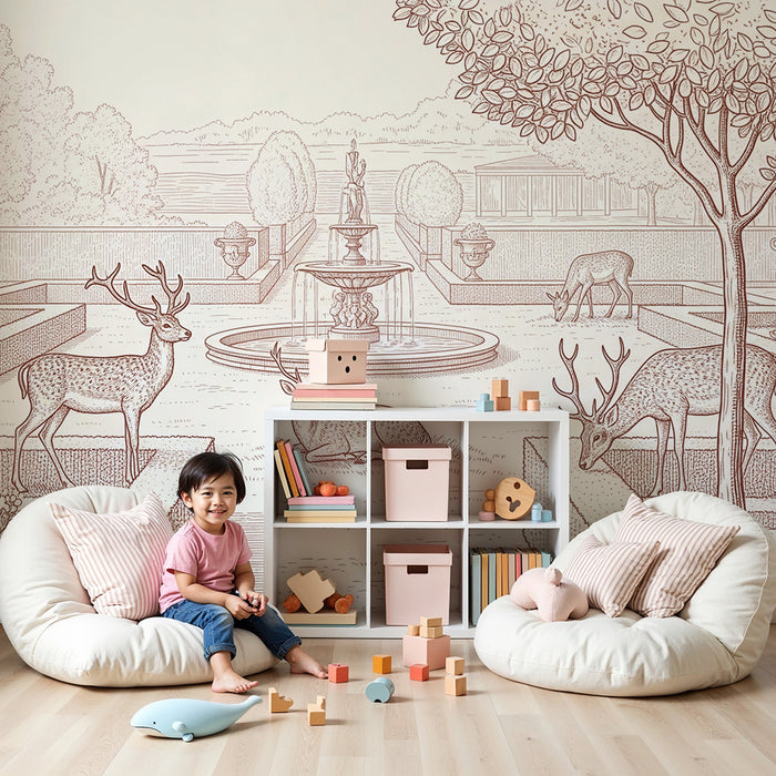 Children's bedroom wallpaper | Deer in an elegant garden with a fountain