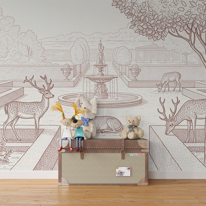 Children's bedroom wallpaper | Deer in an elegant garden with a fountain