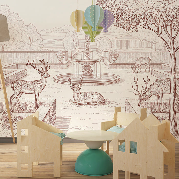 Children's bedroom wallpaper | Deer in an elegant garden with a fountain