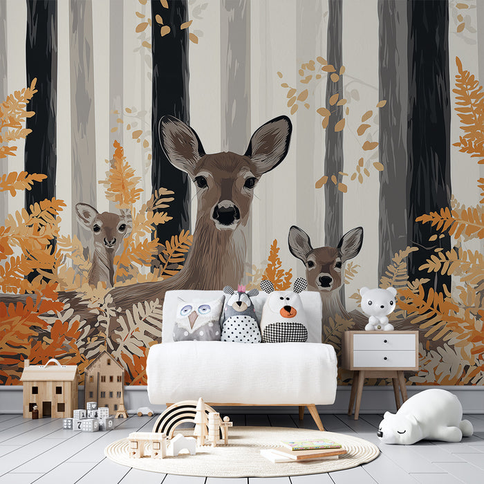 Carta da parati bambini | Cervi in una foresta autunnale con felci arancioni