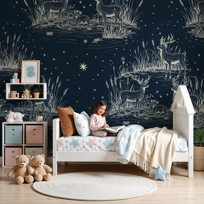 Papier peint chambre enfant | Cerfs et faune nocturne sous un ciel étoilé