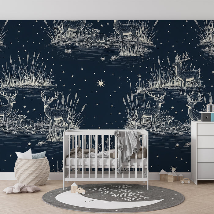 Papier peint chambre enfant | Cerfs et faune nocturne sous un ciel étoilé