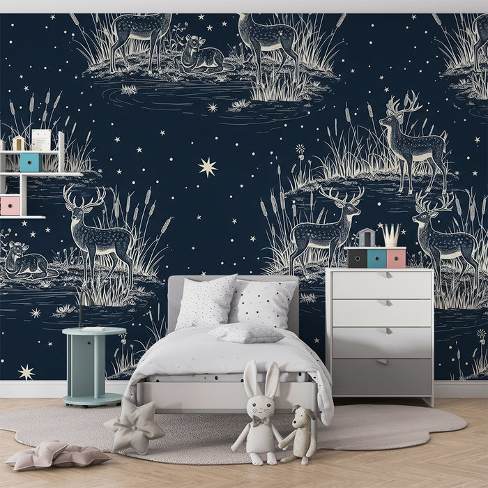 Papier peint chambre enfant | Cerfs et faune nocturne sous un ciel étoilé