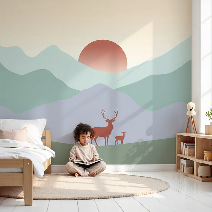 Kids room wallpaper | Majestic deer at sunset in a mountain landscape