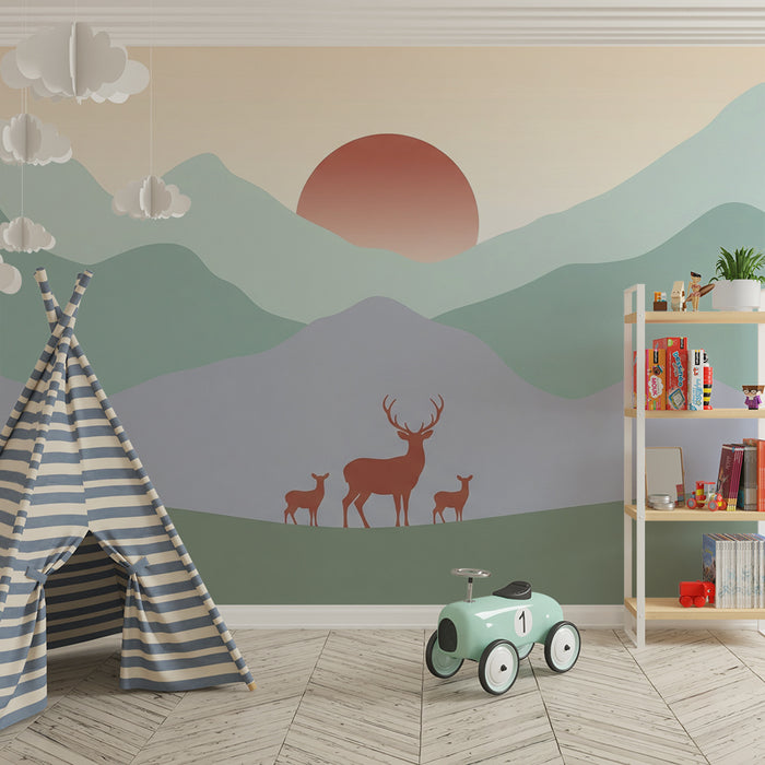 Kids room wallpaper | Majestic deer at sunset in a mountain landscape