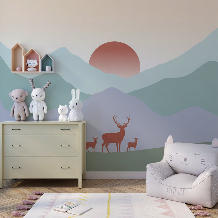 Kids room wallpaper | Majestic deer at sunset in a mountain landscape
