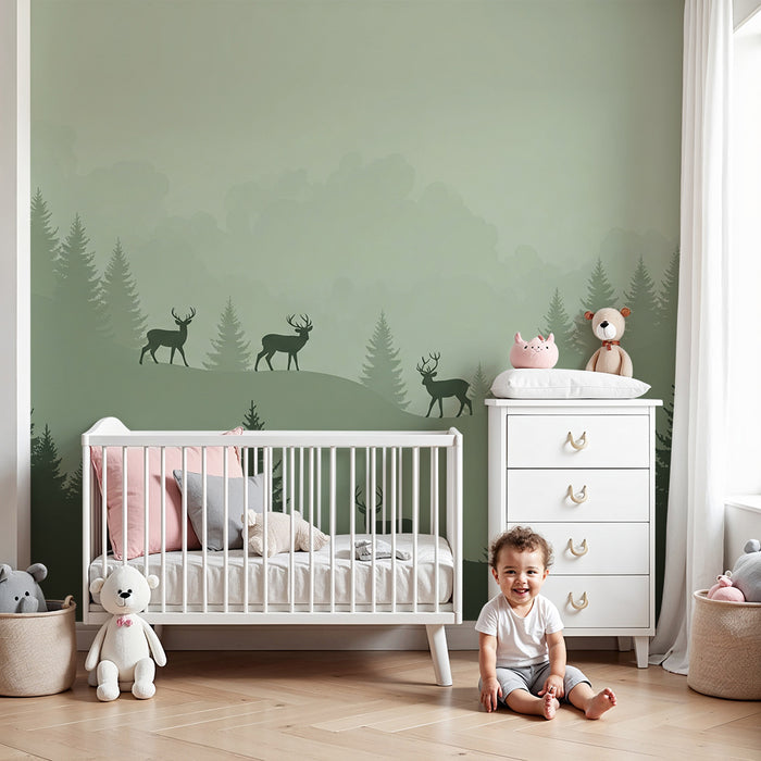 Kinderzimmer Tapete | Majestätische Hirsche in einem nebligen Wald