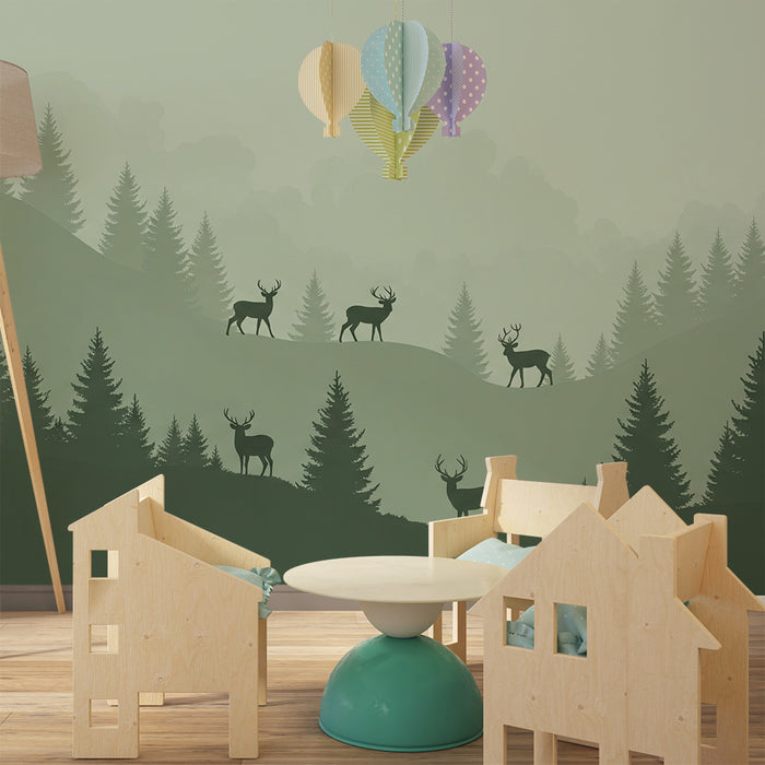 Kinderzimmer Tapete | Majestätische Hirsche in einem nebligen Wald
