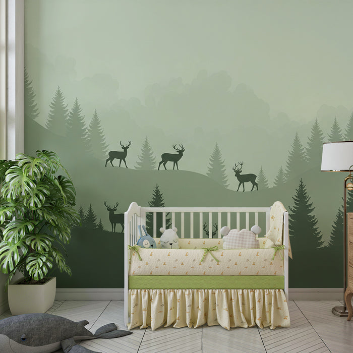 Kinderzimmer Tapete | Majestätische Hirsche in einem nebligen Wald