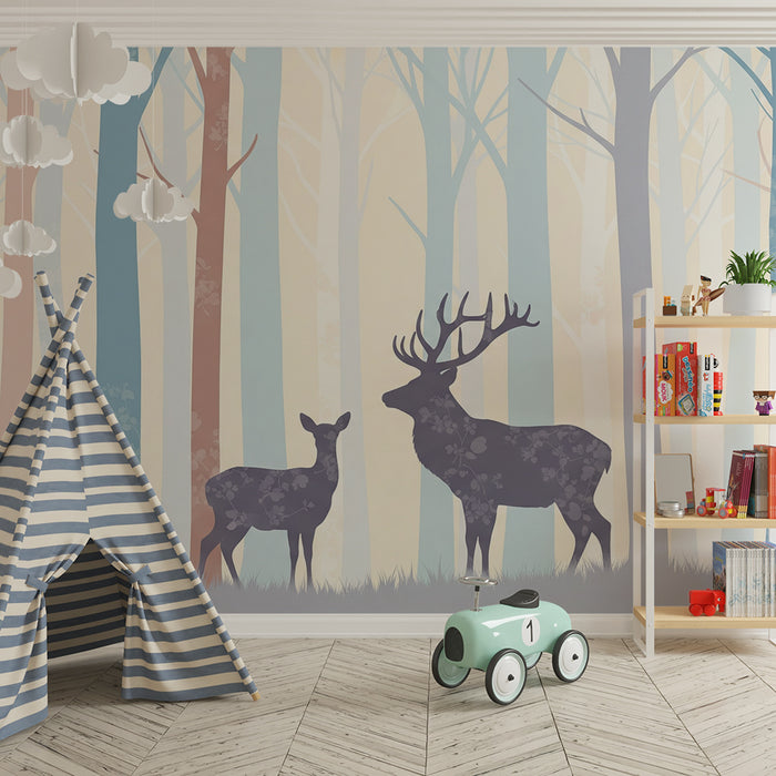 Kids room wallpaper | Majestic deer in a pastel forest
