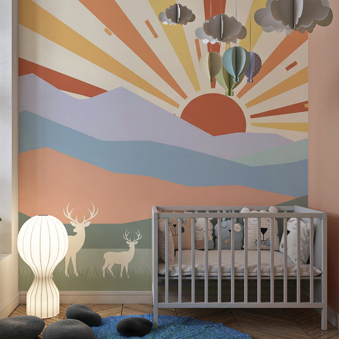 Kids room wallpaper | Majestic deer under a rising sun and colorful mountains