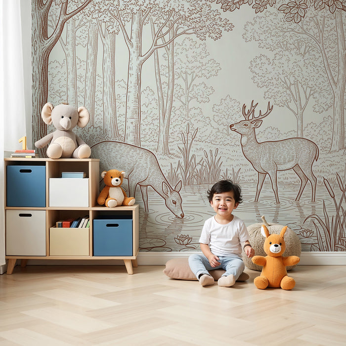 Papel pintado infantil | Ciervos tranquilos junto a un estanque en un bosque sereno