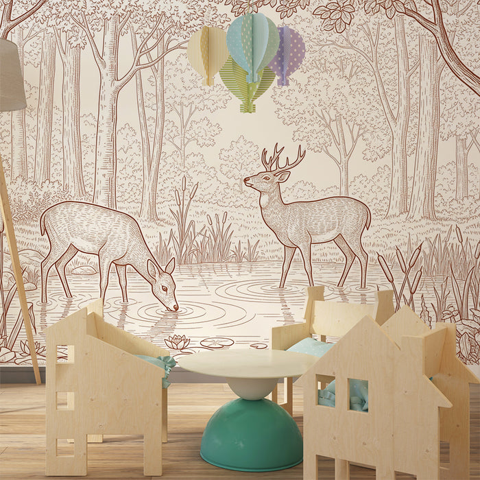 Papel pintado infantil | Ciervos tranquilos junto a un estanque en un bosque sereno