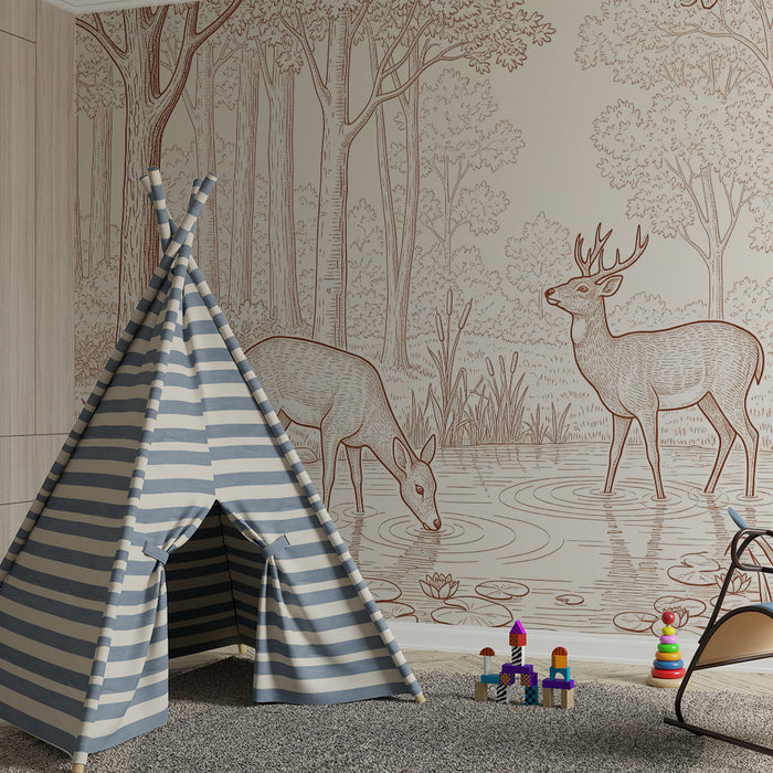 Papel pintado infantil | Ciervos tranquilos junto a un estanque en un bosque sereno