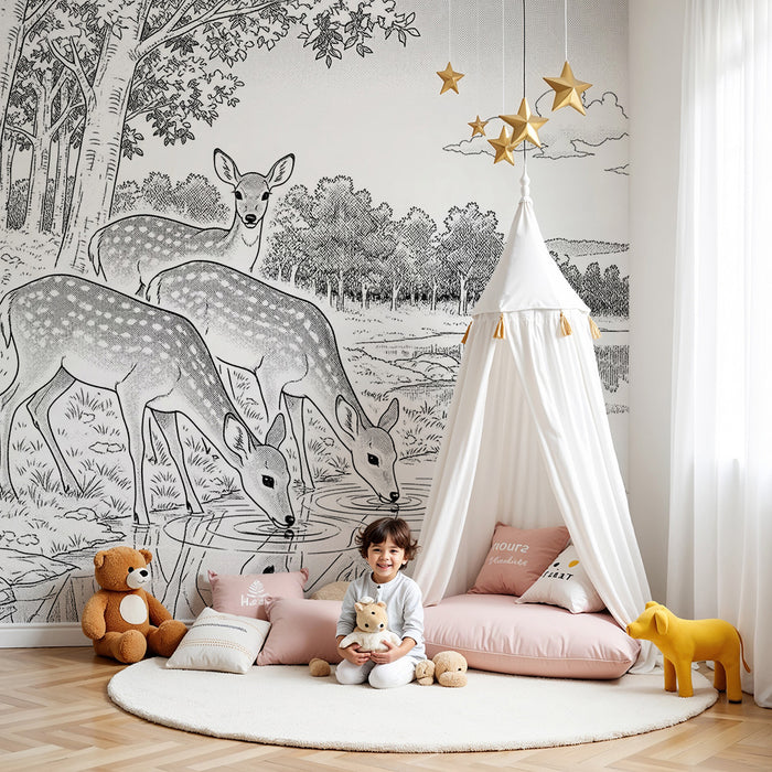 Papier peint chambre enfant | Cerfs paisibles au bord d'un lac tranquille