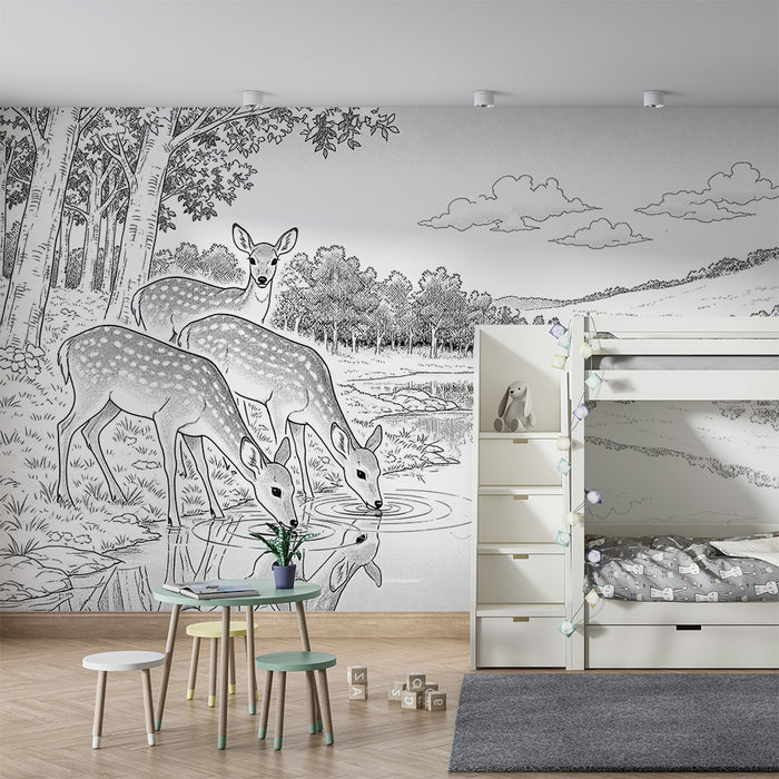 Papier peint chambre enfant | Cerfs paisibles au bord d'un lac tranquille