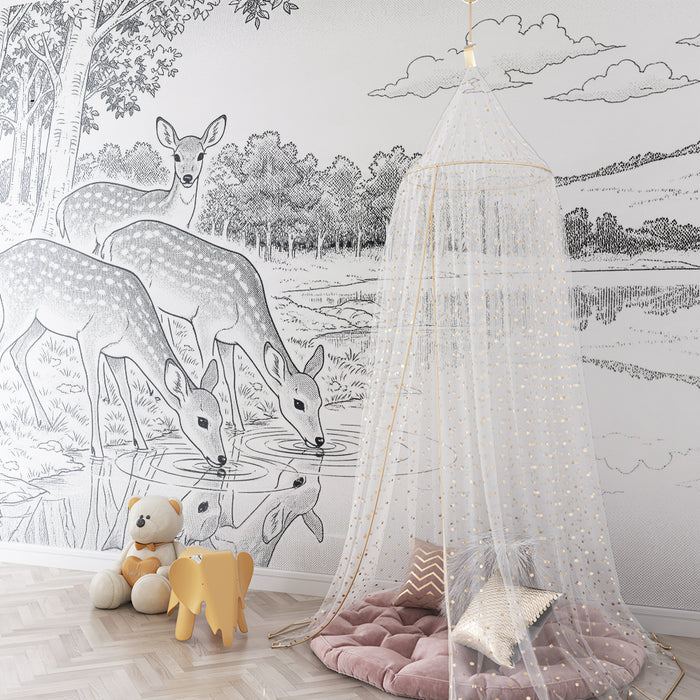 Papier peint chambre enfant | Cerfs paisibles au bord d'un lac tranquille