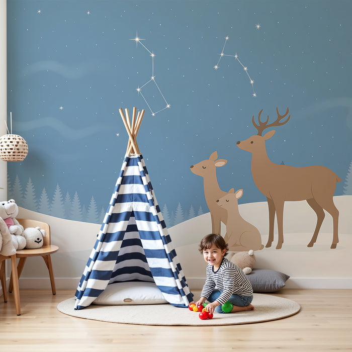 Papel pintado infantil | Ciervos bajo un cielo estrellado