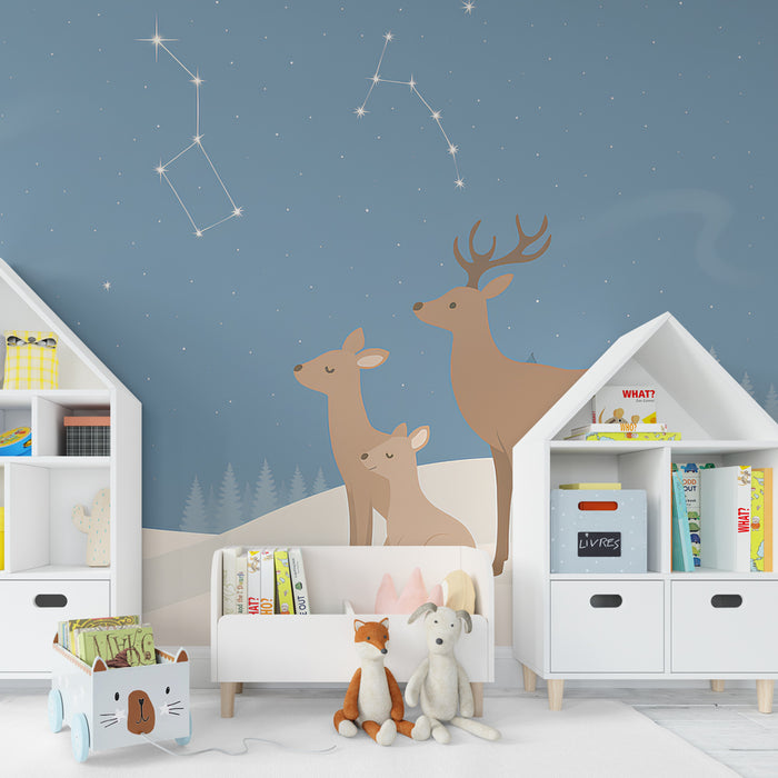Papel pintado infantil | Ciervos bajo un cielo estrellado