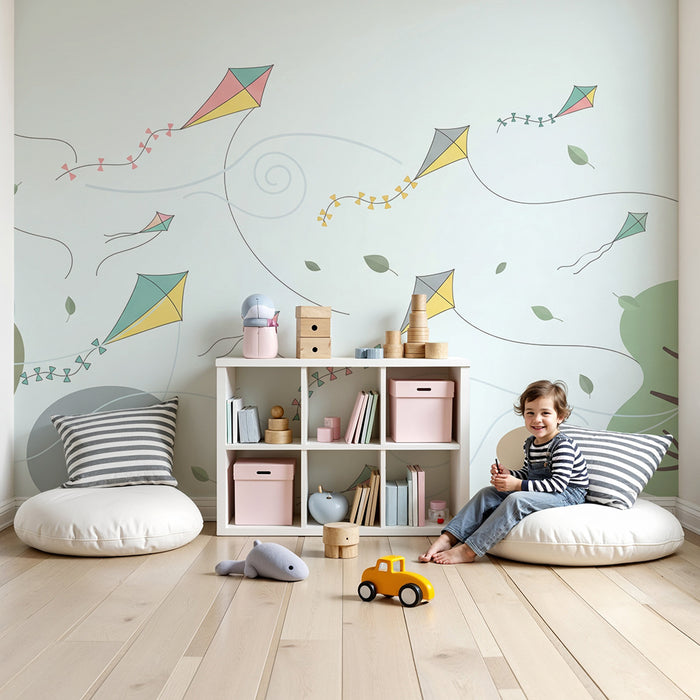 Kinderzimmer Tapete | Bunte Drachen am sanften Himmel