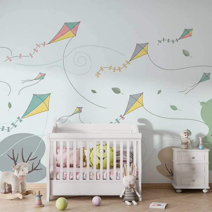 Kinderzimmer Tapete | Bunte Drachen am sanften Himmel