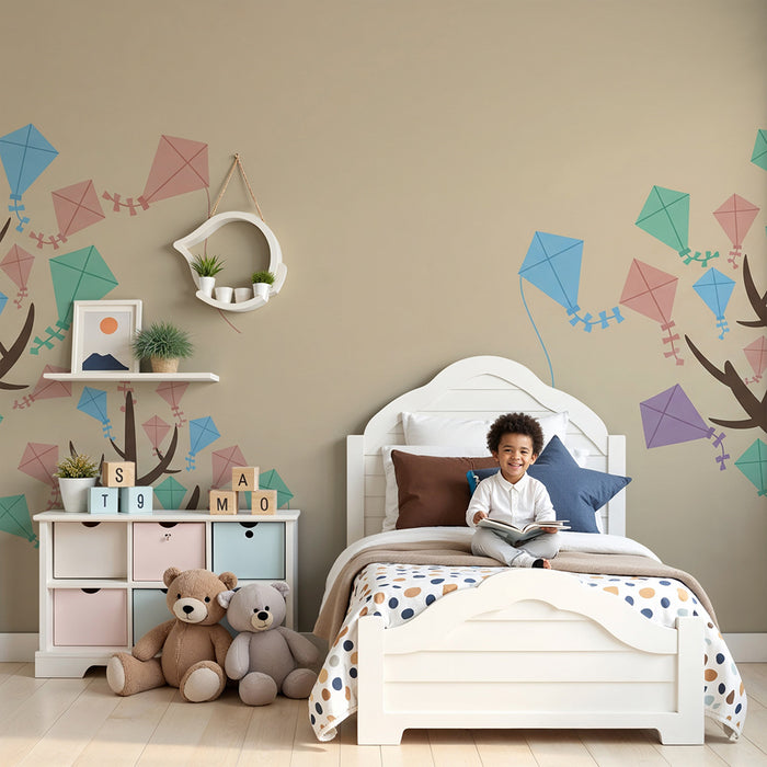Kids' Room Wallpaper | Colorful Kites in a Soft Sky
