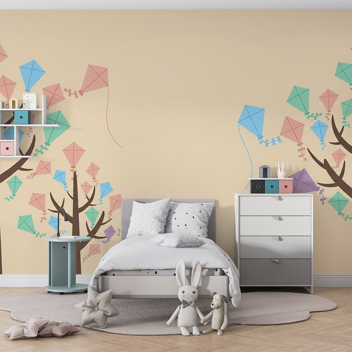 Kids' Room Wallpaper | Colorful Kites in a Soft Sky