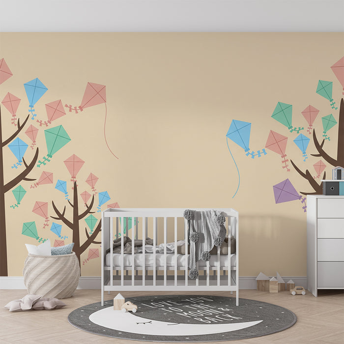 Kids' Room Wallpaper | Colorful Kites in a Soft Sky