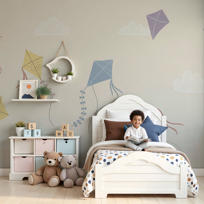 Kinderzimmer Tapete | Bunte Drachen in einem sanften Himmel