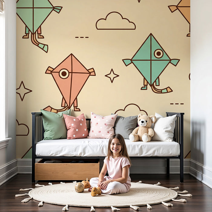 Papel de parede para quarto infantil | Pipas coloridas num céu suave