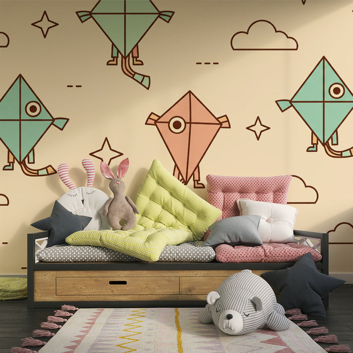 Papel de parede para quarto infantil | Pipas coloridas num céu suave