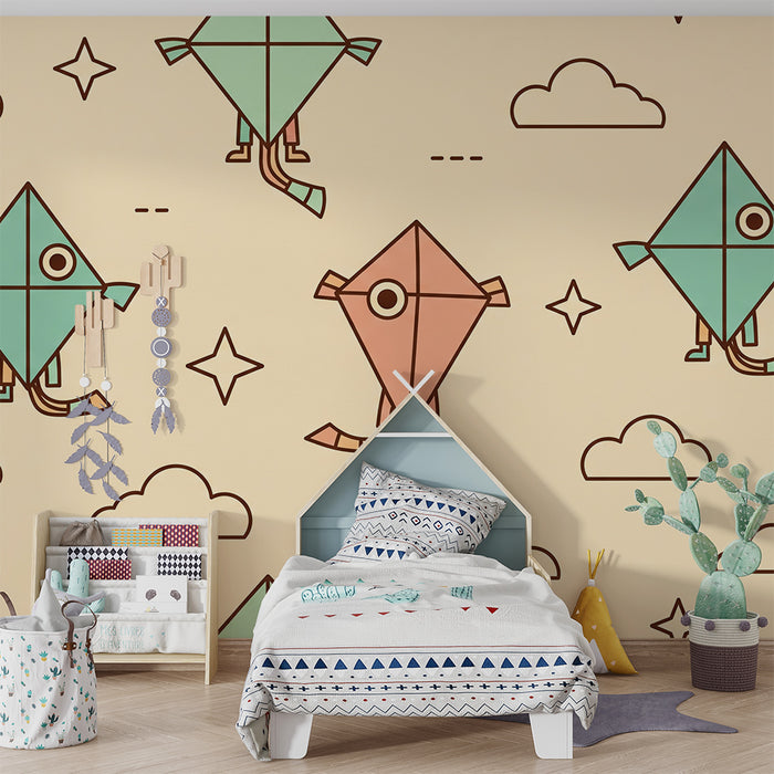 Papel de parede para quarto infantil | Pipas coloridas num céu suave