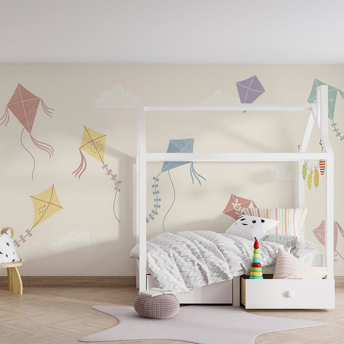 Kinderzimmer Tapete | Bunte Drachen in einem sanften Himmel
