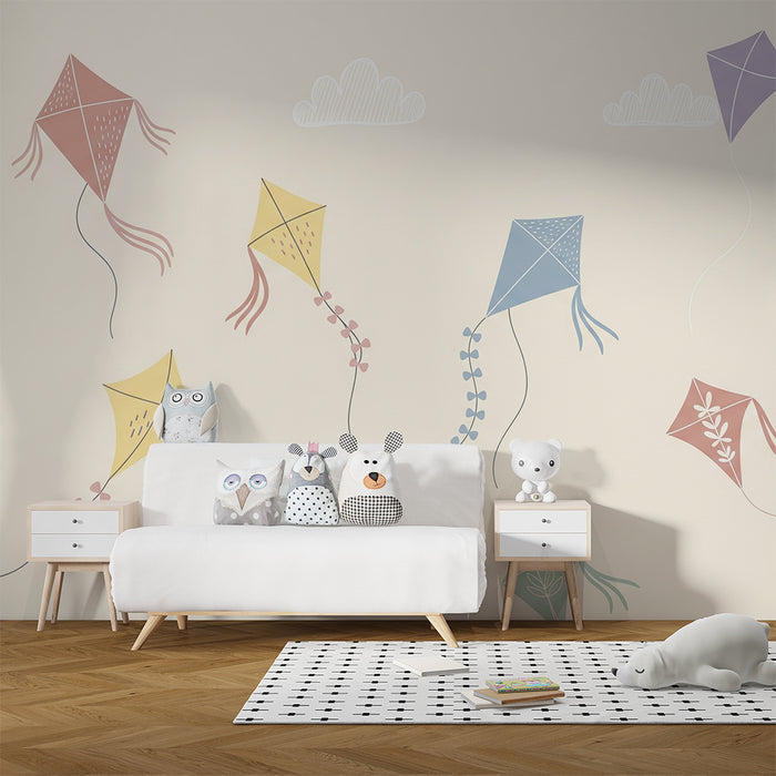 Kinderzimmer Tapete | Bunte Drachen in einem sanften Himmel
