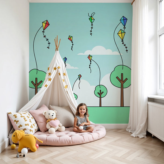 Behang kinderkamer | Kleurrijke vliegers in een zonnige lucht