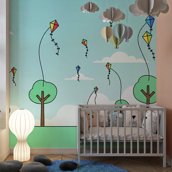Behang kinderkamer | Kleurrijke vliegers in een zonnige lucht