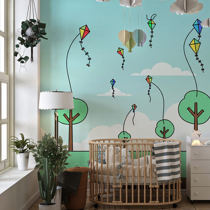 Behang kinderkamer | Kleurrijke vliegers in een zonnige lucht