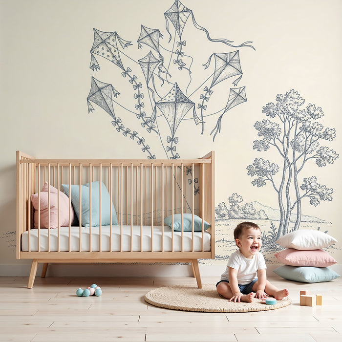 **Tapete Kinderzimmer | Bunte Drachen in ländlicher Landschaft**