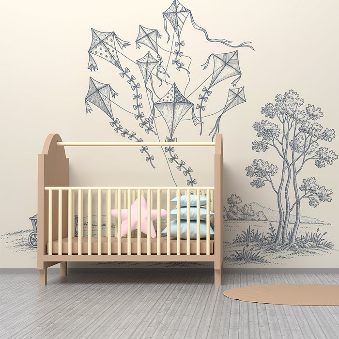 **Tapete Kinderzimmer | Bunte Drachen in ländlicher Landschaft**